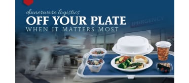 image of tray with disposable Aladdin dinnerware on top of emergency room image with text reading "Dinnerware logistics off your plate when it matters most"