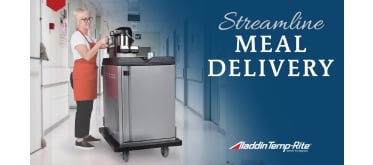 image of healthcare worker with meal delivery cart in hospital hall with text reading "Streamline Meal Delivery"