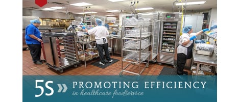 image of healthcare kitchen with Aladdin carts and title bar below it reading "5S » Promoting Efficiency in Healthcare Foodservice"