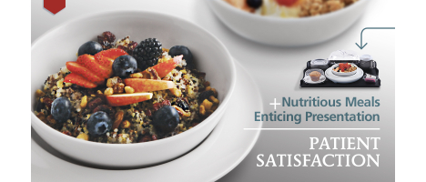 Oatmeal in Aladdin dish next to text "Nutritious Meals + Enticing Presentation = Patient Satisfaction"